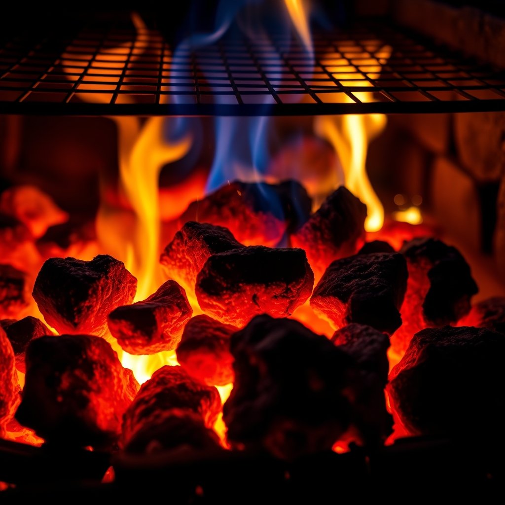 Glowing oak coals in the hearth during evening service