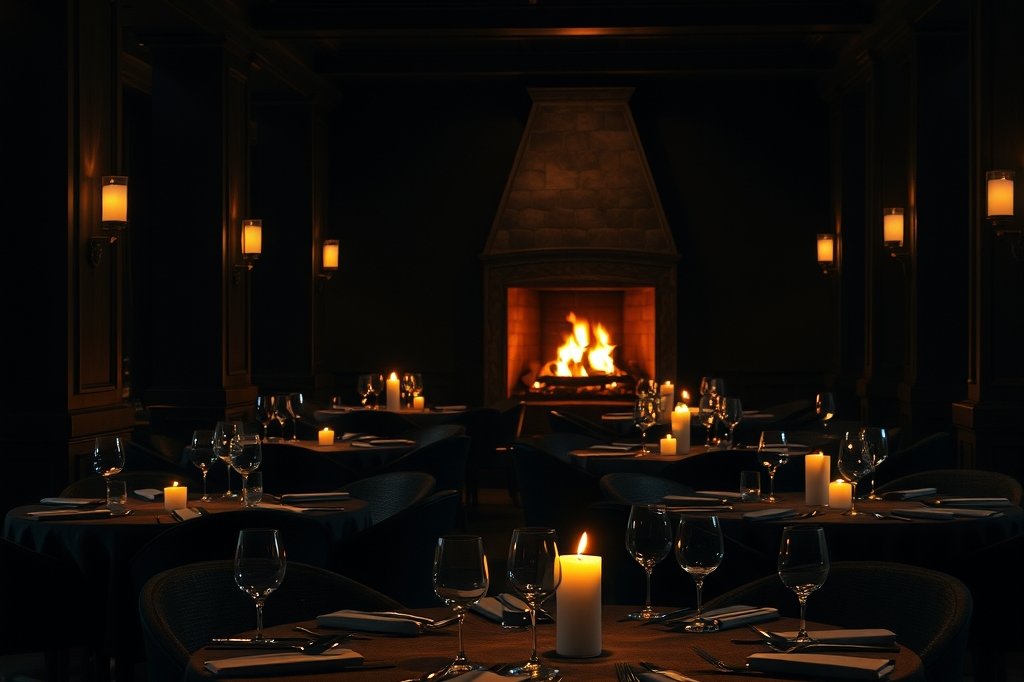 The candlelit dining room of Ember and Vine