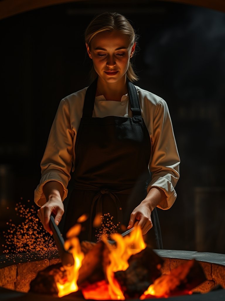 Chef Elena Marchetti working at the open hearth of Ember and Vine